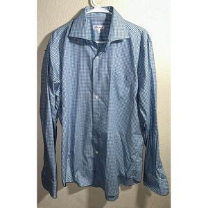 Peter Millar Men's Large Green Blue Gray Check Button Front Shirt Cotton Stretch